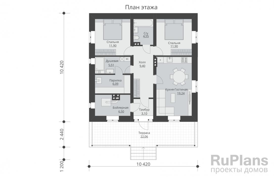 Проект 1 этажного дома с 2 спальнями до 80 кв м